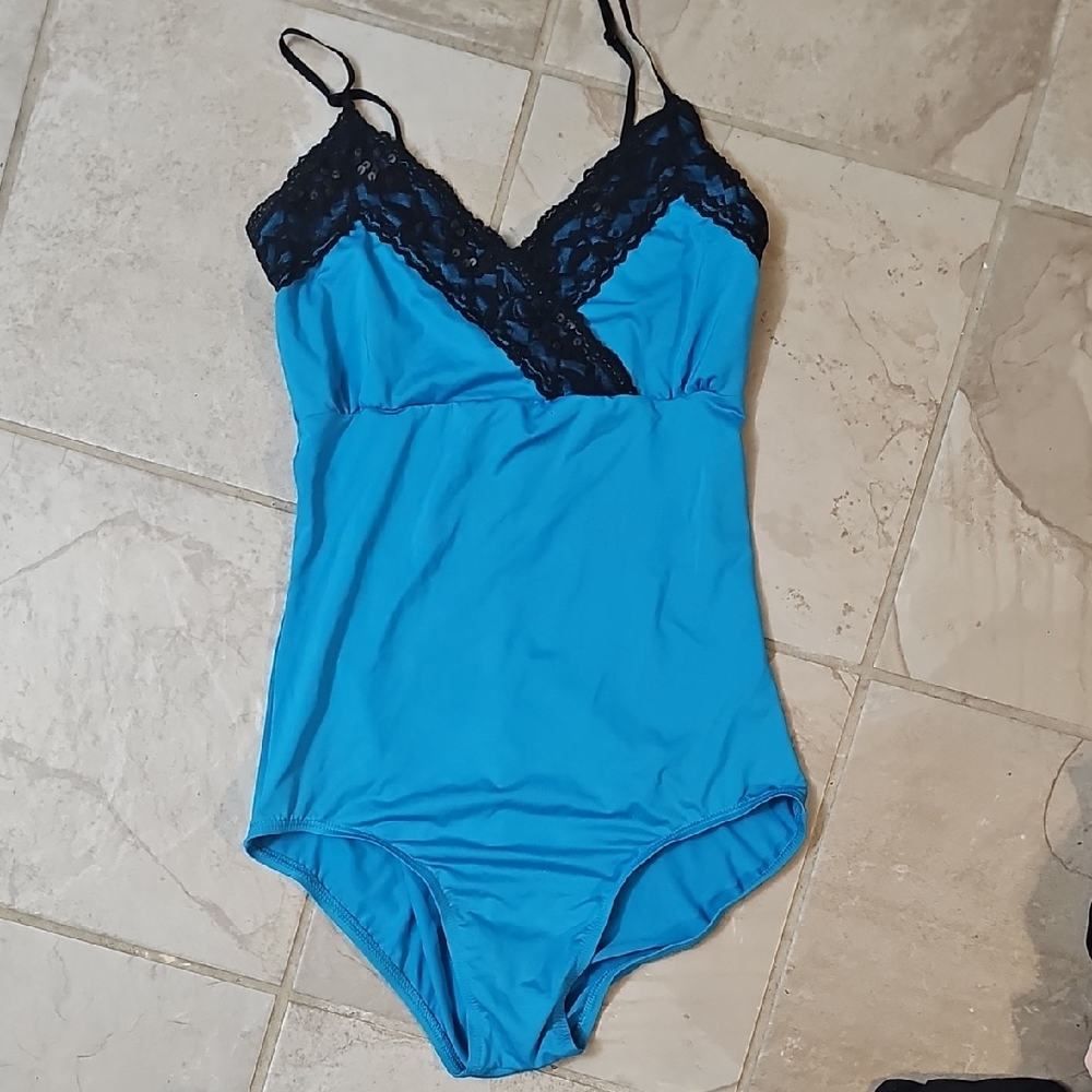 Natalie Dancewear Blue Leotard with Black Sequins & Lace